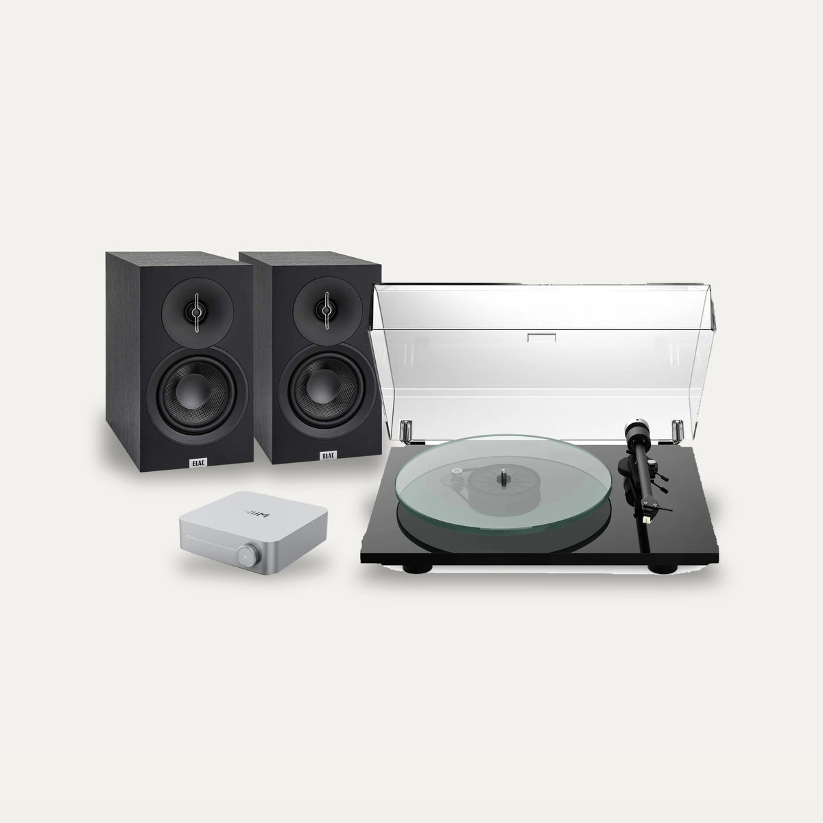 Pro-Ject T2 Super Phono + WiiM Amp + ELAC Debut B5.3 Vinyl System – Turntable Finish Gloss Black, Amplifier Colour Silver