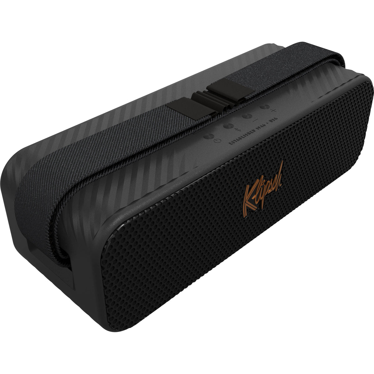 Klipsch Detroit portable speakers in sleek design, showcasing front grille and side controls on a wooden surface.