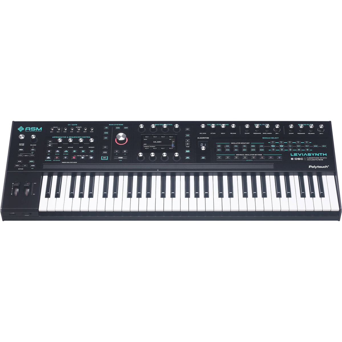 ASM Leviasynth keyboard synthesizer with black keys and control knobs, versatile electronic instrument for music production.