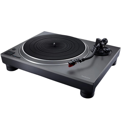 Technics SL-1500CS turntable with sleek black finish, tonearm, and control knobs, showcasing high-quality audio equipment.