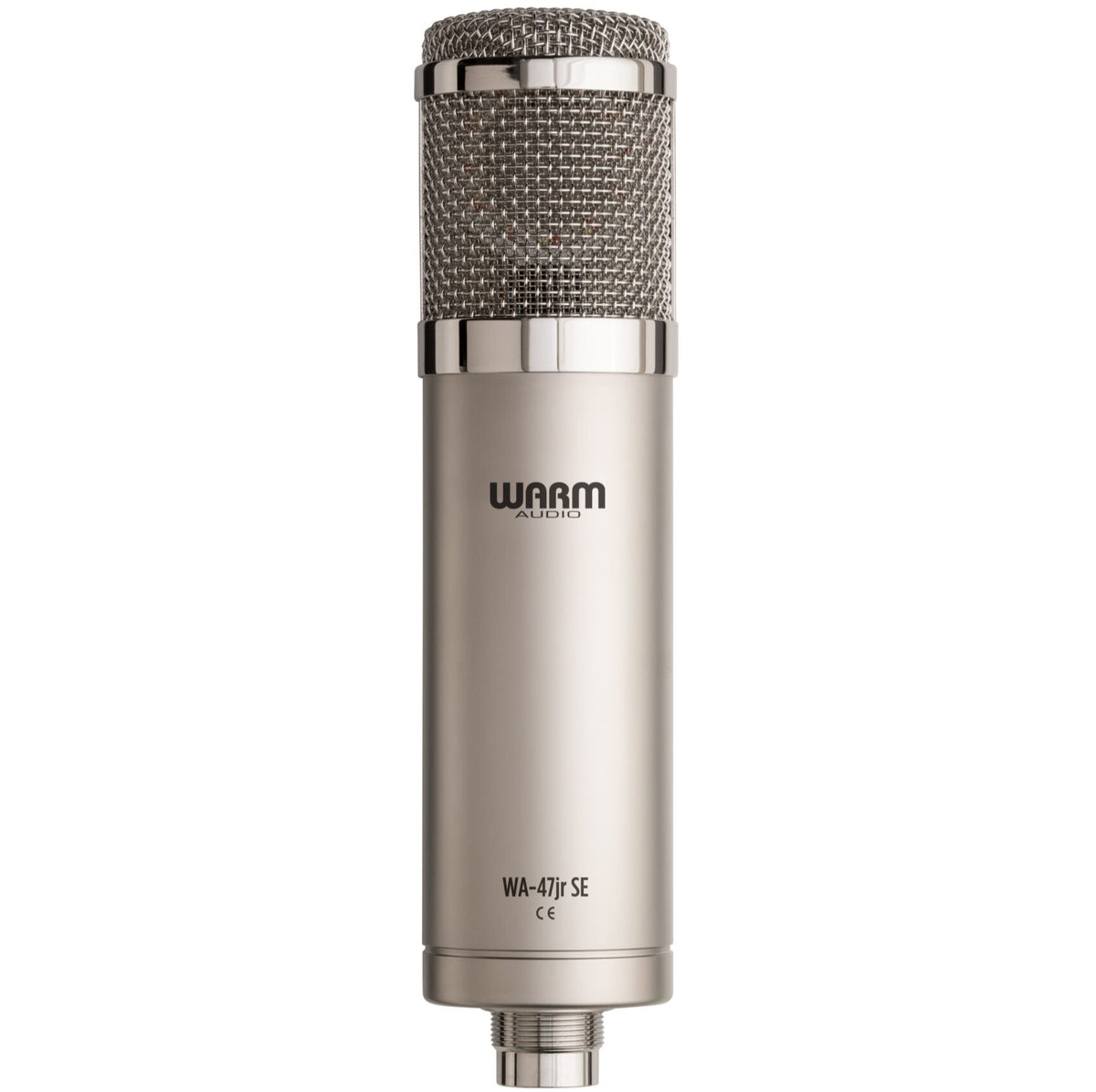 Warm Audio WA-47jr SE condenser microphone with nickel finish, front view showing its compact design and build quality.