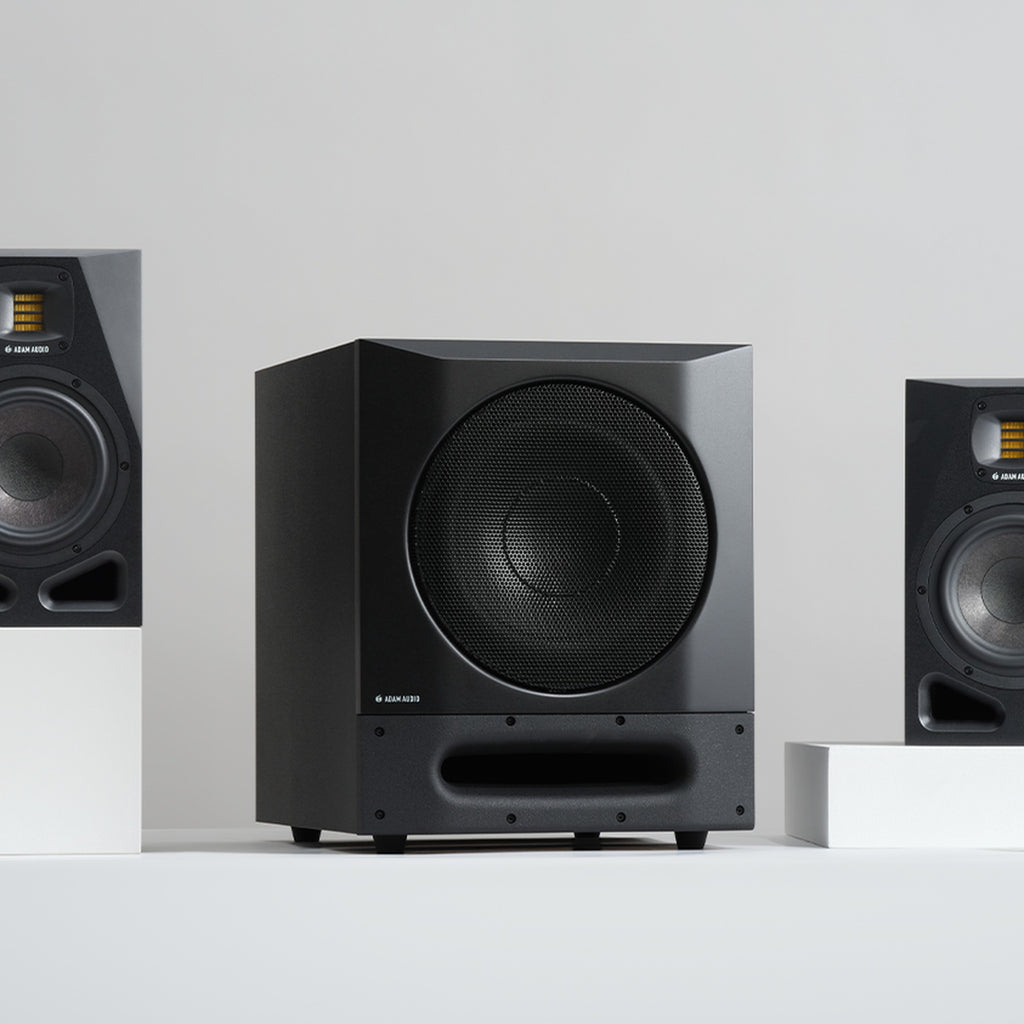 Adam Audio Sub10 PRO subwoofer with ADAM Audio A Series monitors in a studio setup