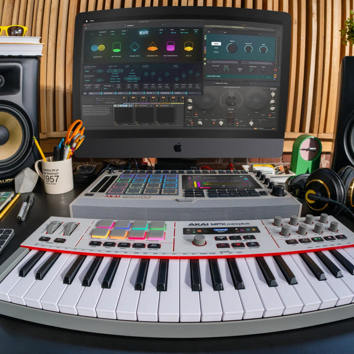 Akai Professional MPK Mini Plus II in a studio setup with an MPC and monitors