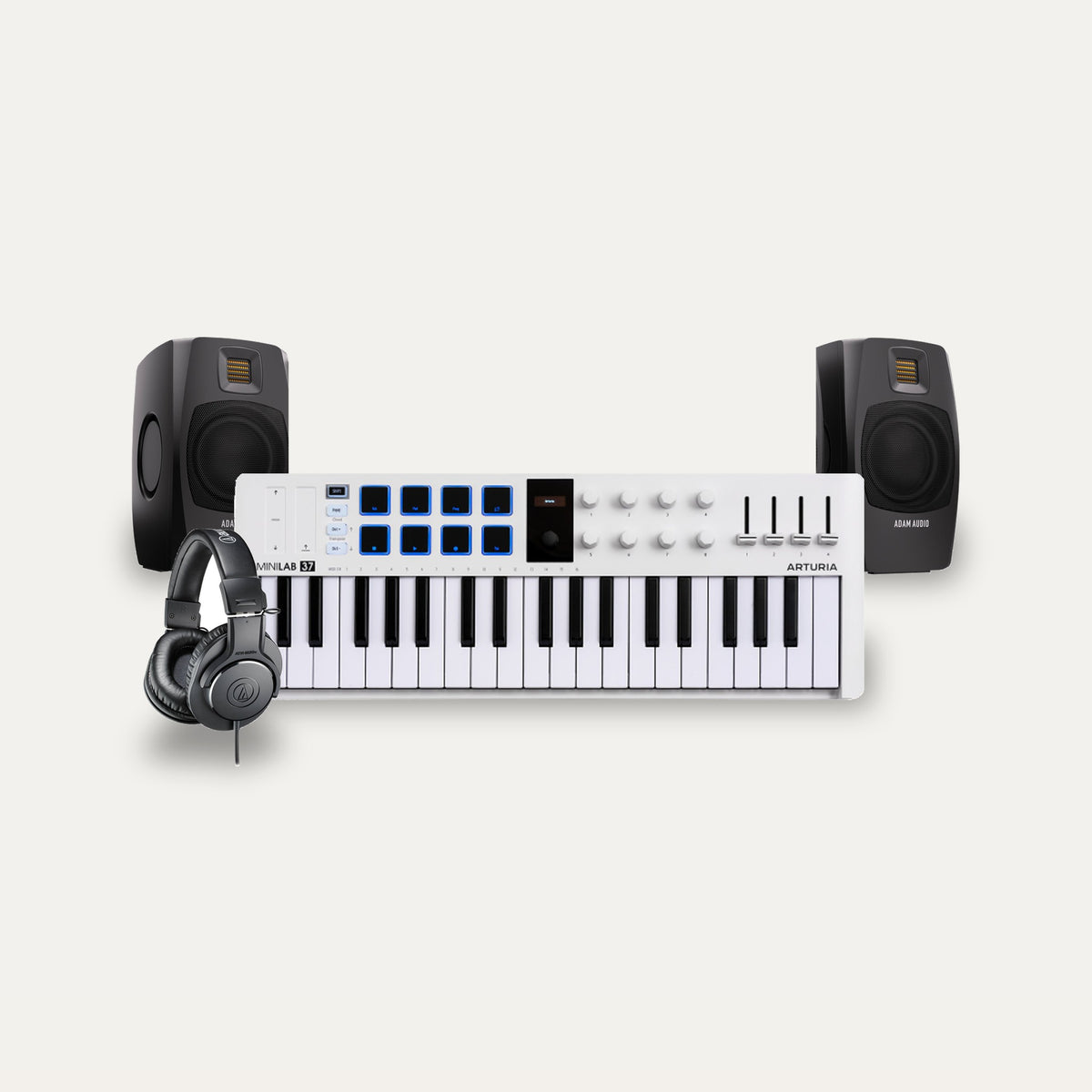 Arturia MiniLab 37 + ADAM Audio D3V + Audio-Technica ATH-M20x First Beats Desktop Set – Keyboard Colour White