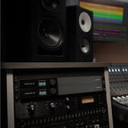 Audient Horizon 32 racked under a studio desk beside a mixing console