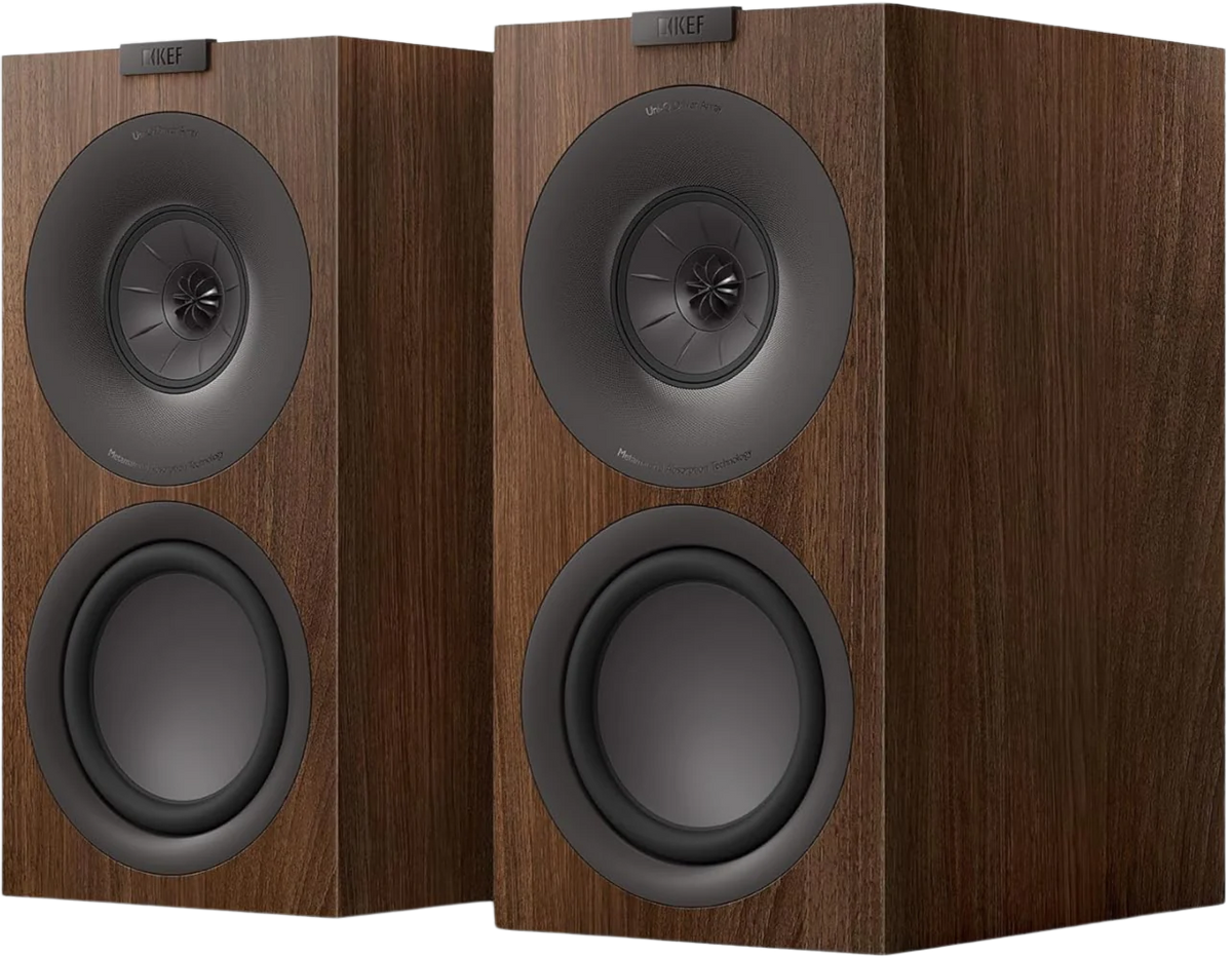 KEF Q Concerto Meta passive bookshelf speakers with black finish and sleek design, showing drivers and speaker grille.