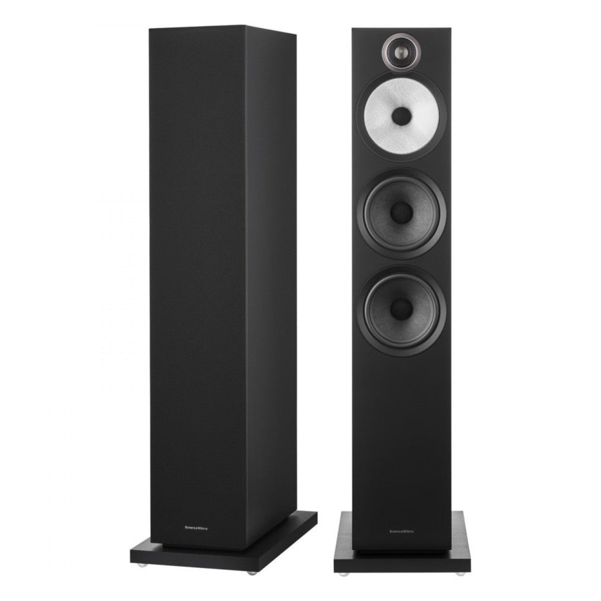 Black Bowers & Wilkins 603 S3 passive floorstanding speakers with sleek design and multiple speaker drivers.