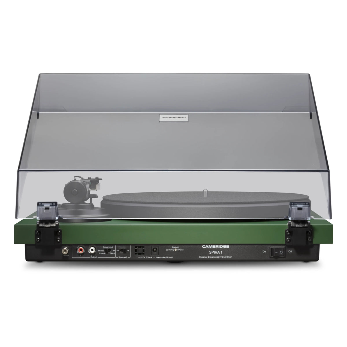 Cambridge Audio Spira turntable in Green, rear panel with RCA output, phono switch and Bluetooth