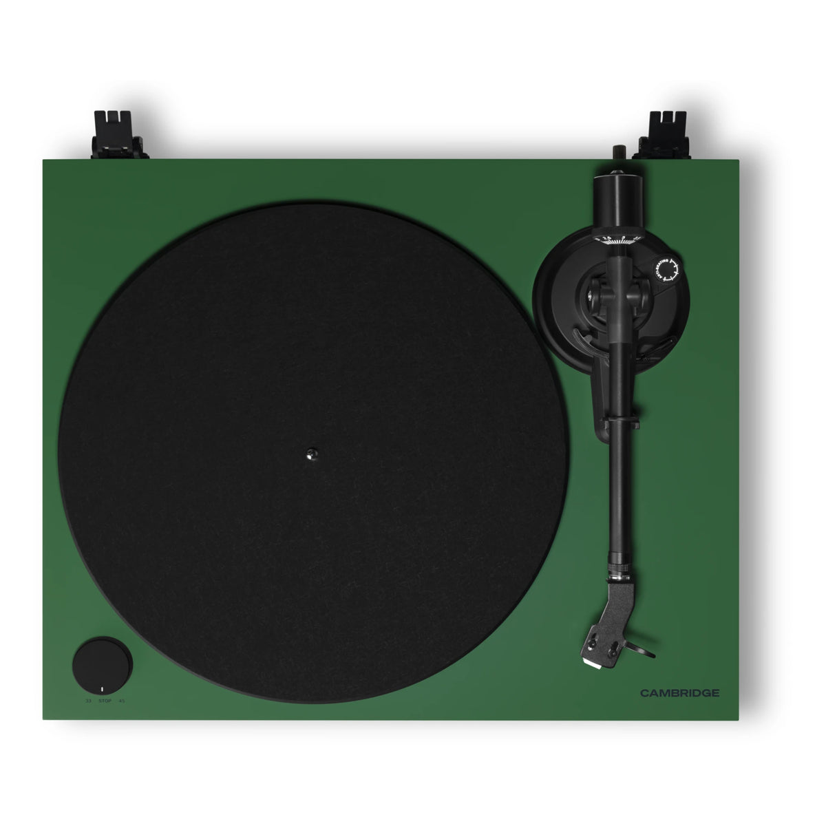 Cambridge Audio Spira turntable in Green, top-down view of platter and tonearm