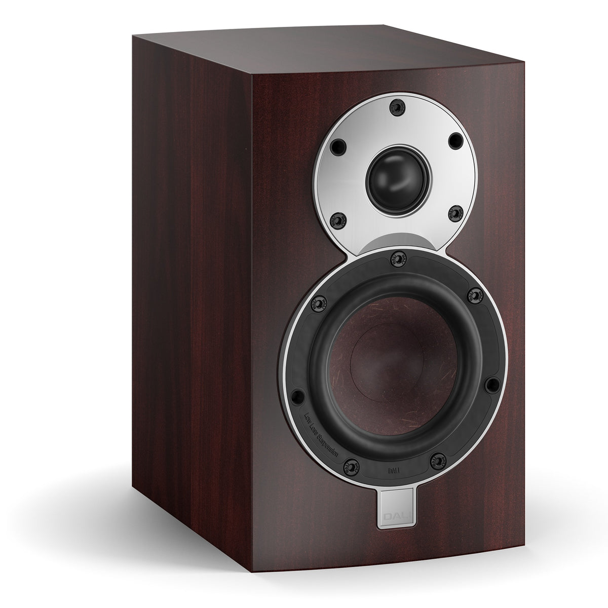 DALI Menuet passive bookshelf speakers showing sleek wooden finish and compact design on a stand.