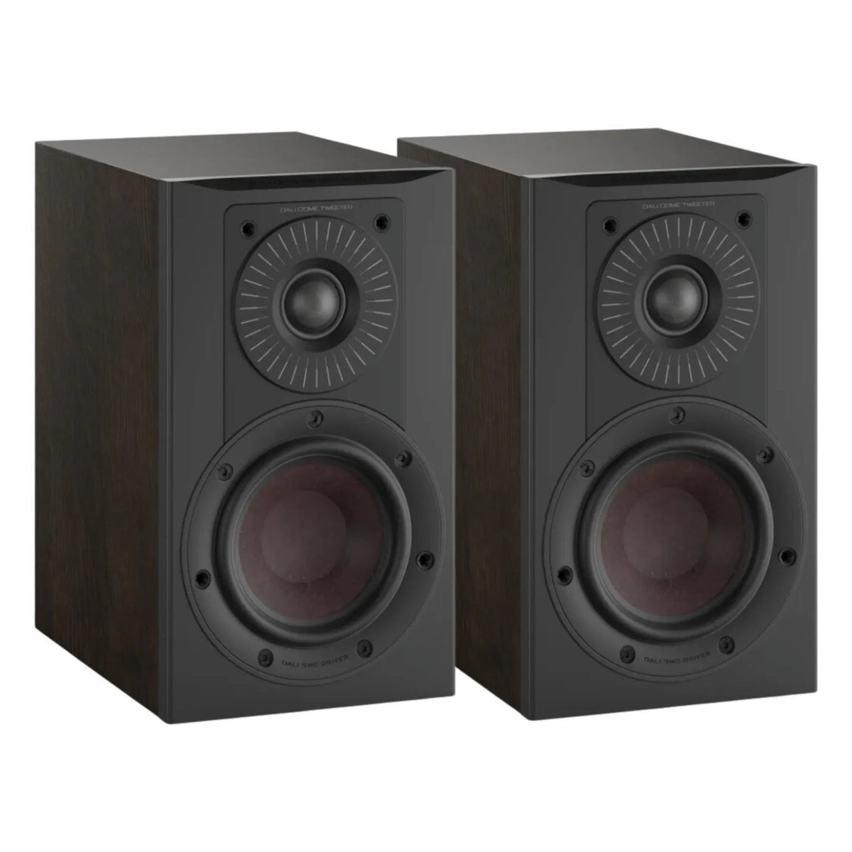 Pair of DALI Opticon 1 MK2 passive bookshelf speakers in tobacco oak finish, showcasing their sleek design and wood grain texture.