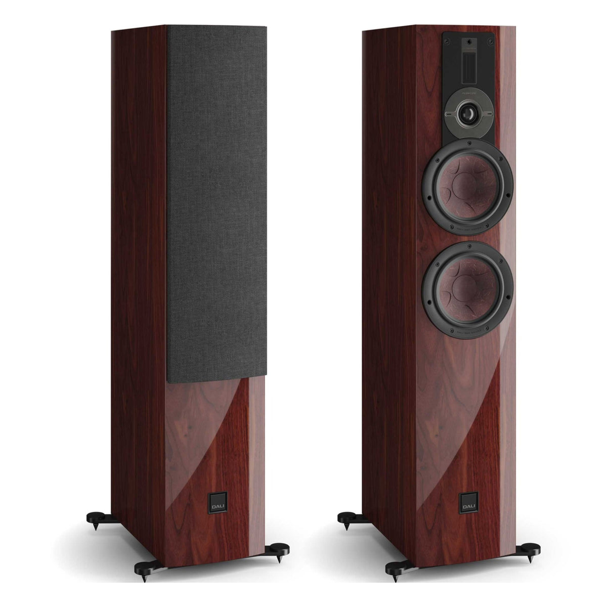 Pair of DALI Rubikore 6 maroon passive floorstanding speakers with sleek design and wood finish, showcasing their stylish presence.