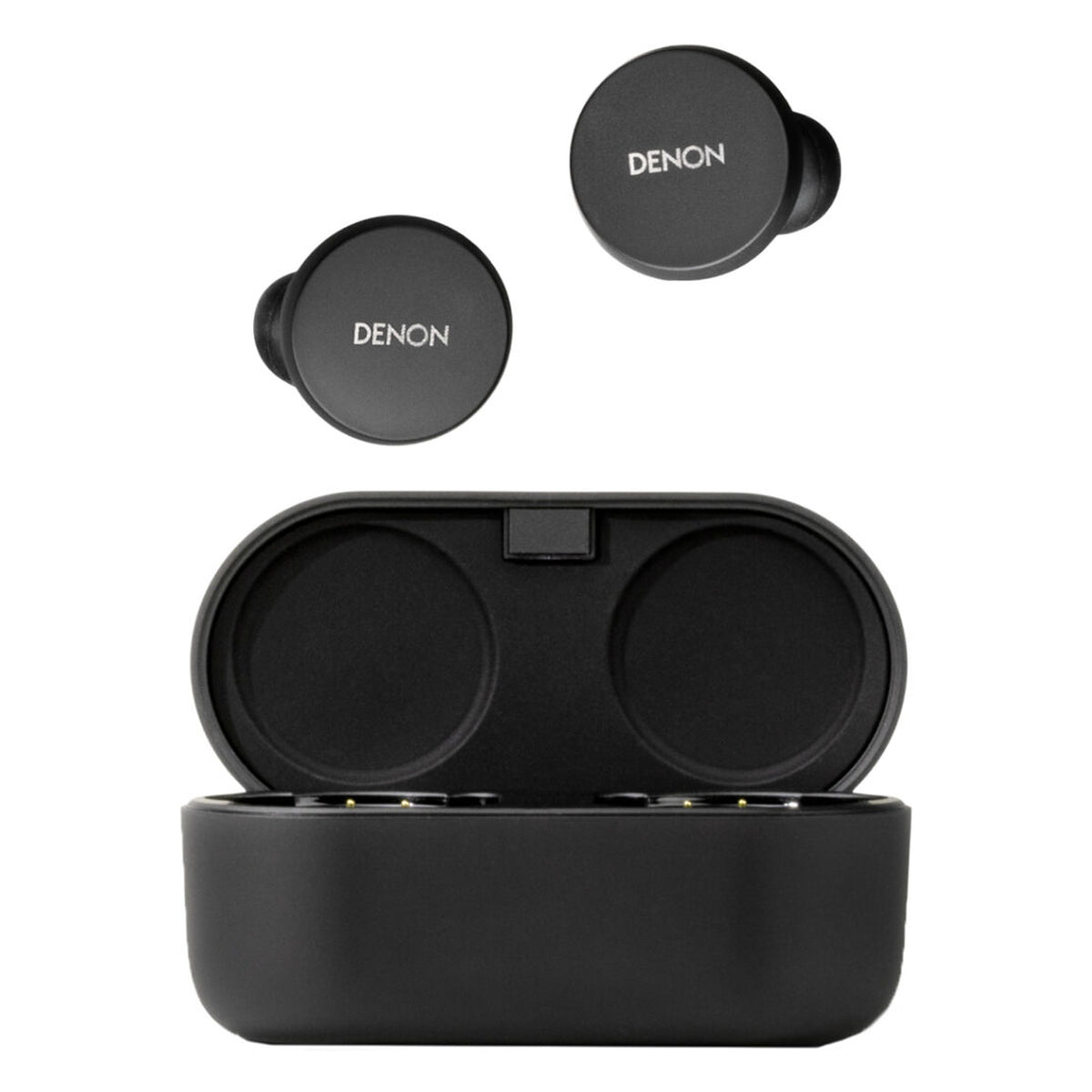 Denon PerL wireless in-ear headphones, black charging case open with earbuds
