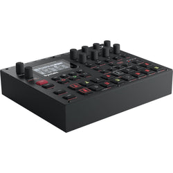 Elektron Syntakt drum machine and sampler with colorful interface and multiple knobs, showcasing its compact, professional music production design.