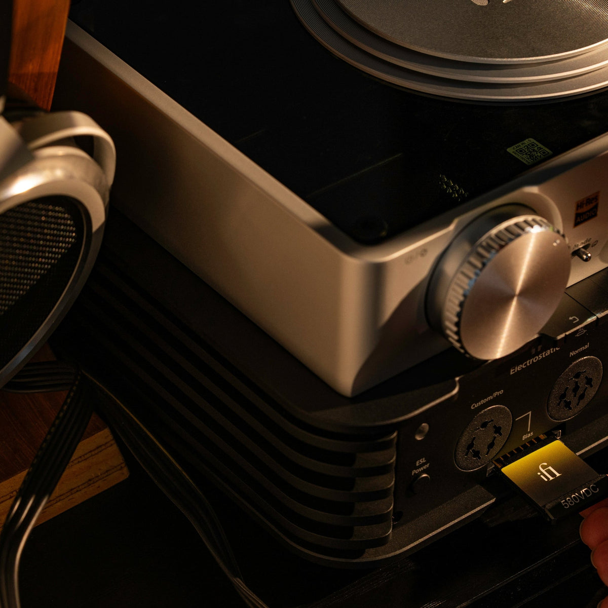 Bias card being inserted into the iFi Audio iCAN Phantom 1.5 electrostatic energizer