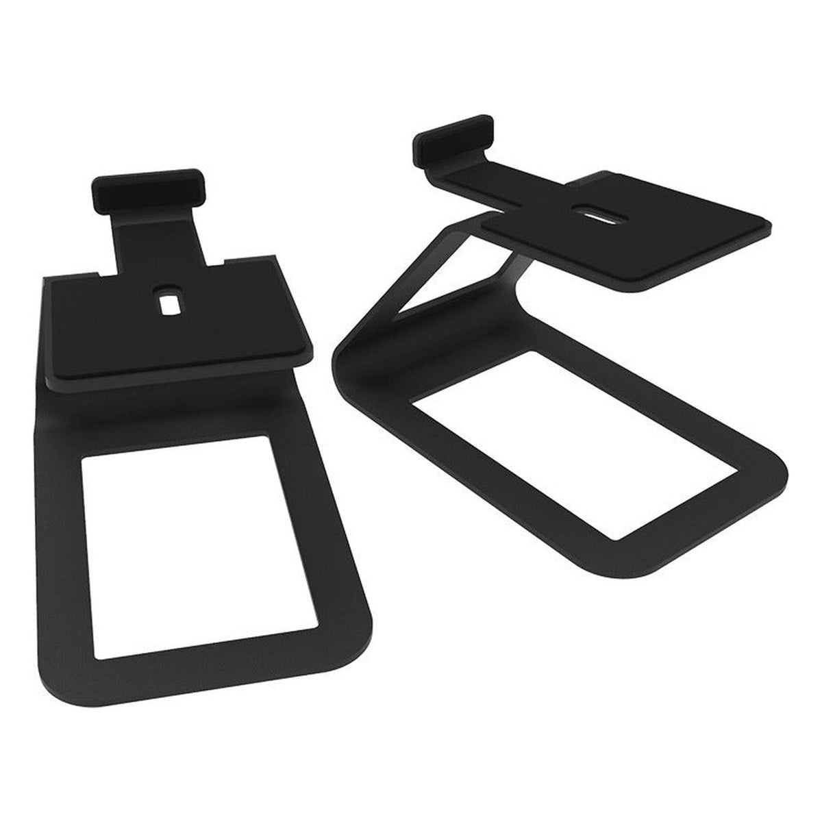 Kanto Audio SE4 speaker stands with sleek black metal design, adjustable height, and cable management for optimal audio setup.