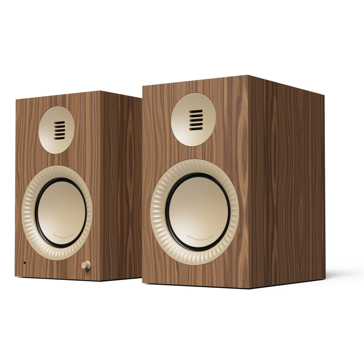 Kanto Audio TUK Grand powered speakers in Matte Walnut with rose gold waveguides, three-quarter view