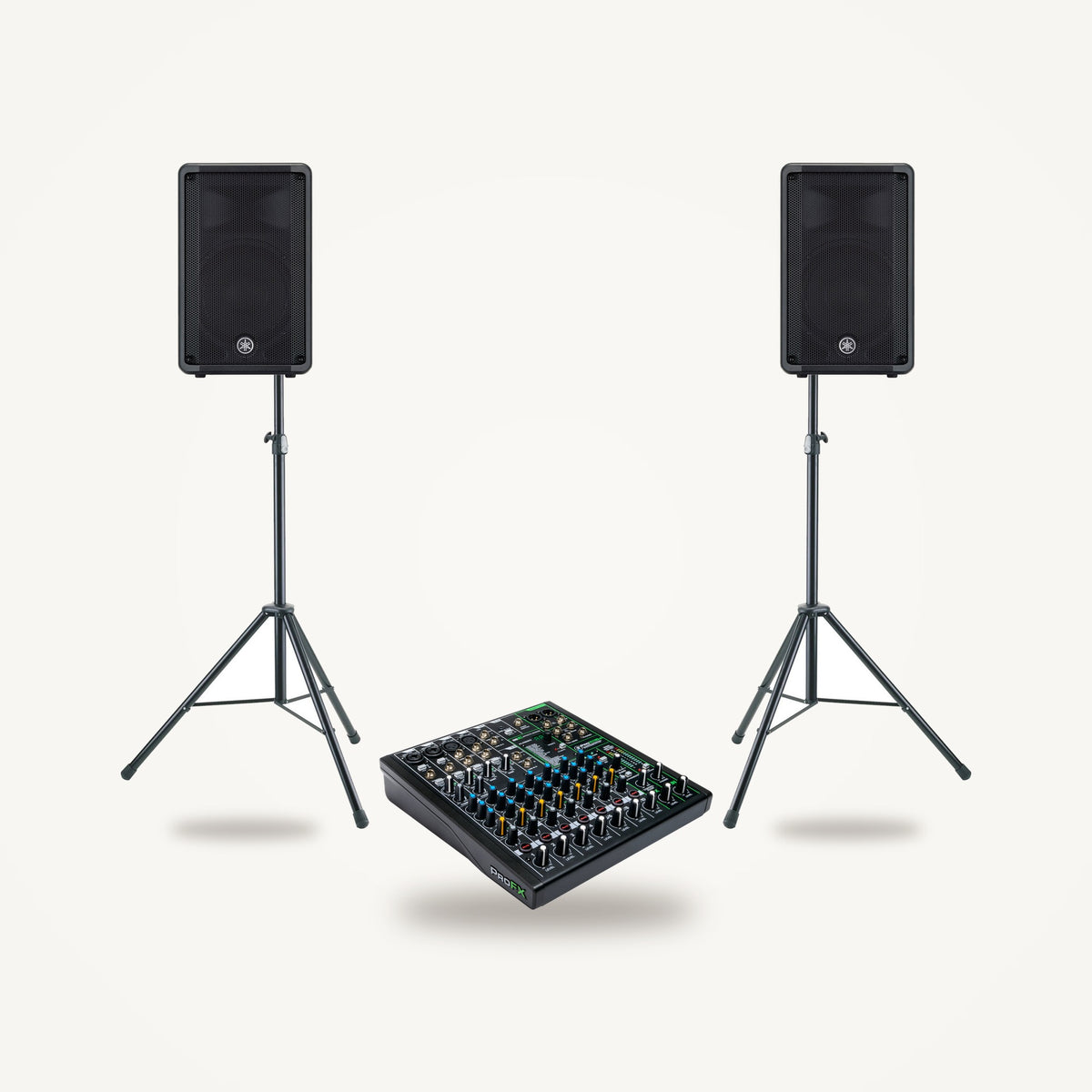 Yamaha DBR10 compact band PA set: two DBR10 powered speakers on K&M 21435 stands with a Mackie ProFX10v3 mixer
