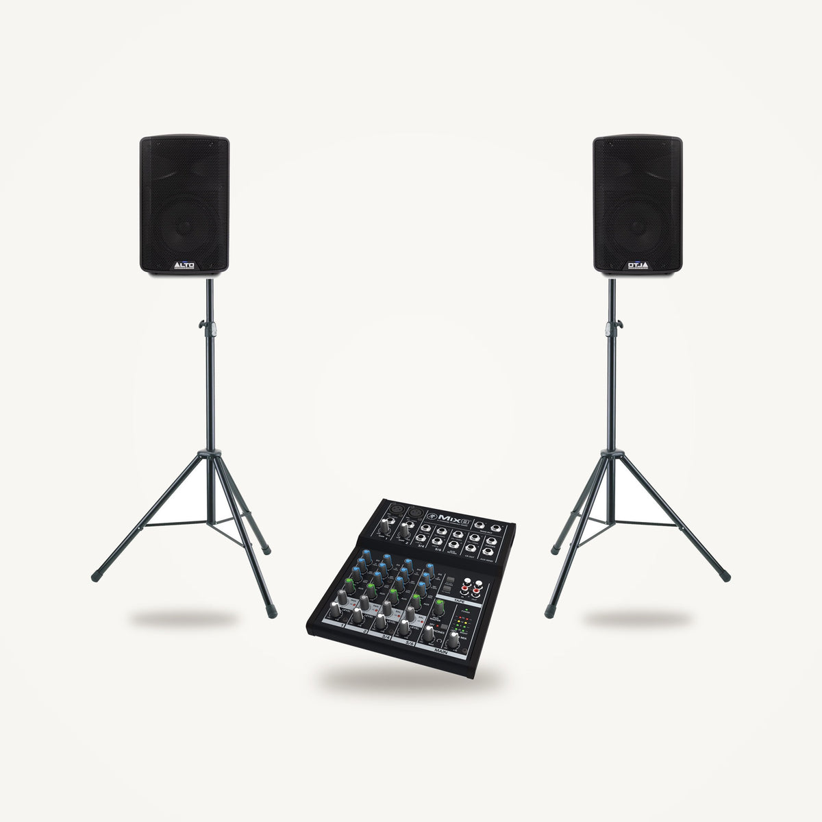 Alto Professional TX408 entry PA set: two TX408 powered speakers on K&M 21435 stands with a Mackie Mix8 mixer