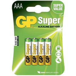 Four GP Batteries LR3 AAA alkaline batteries, standard size, with silver and black casing, suitable for various electronic devices.
