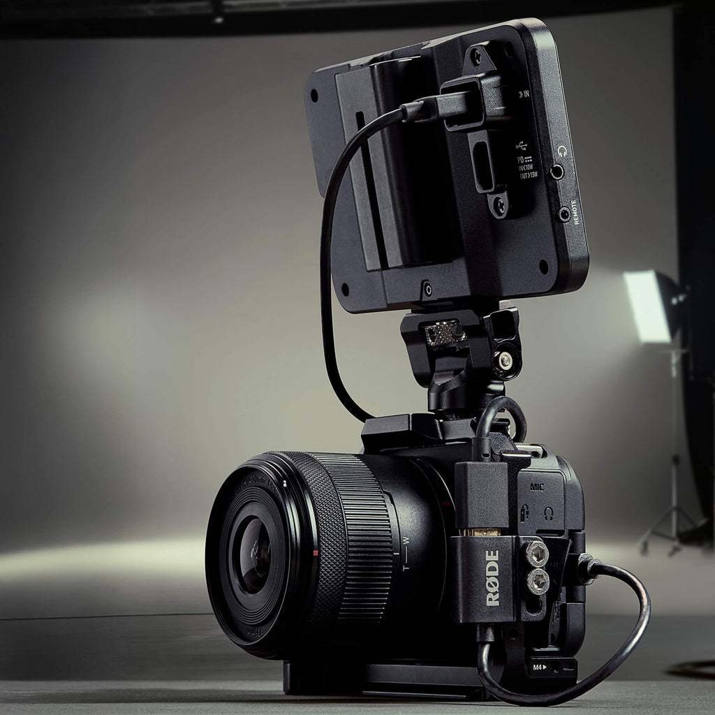 Rode HDMI Adaptor mounted on a camera cage feeding an on-camera monitor