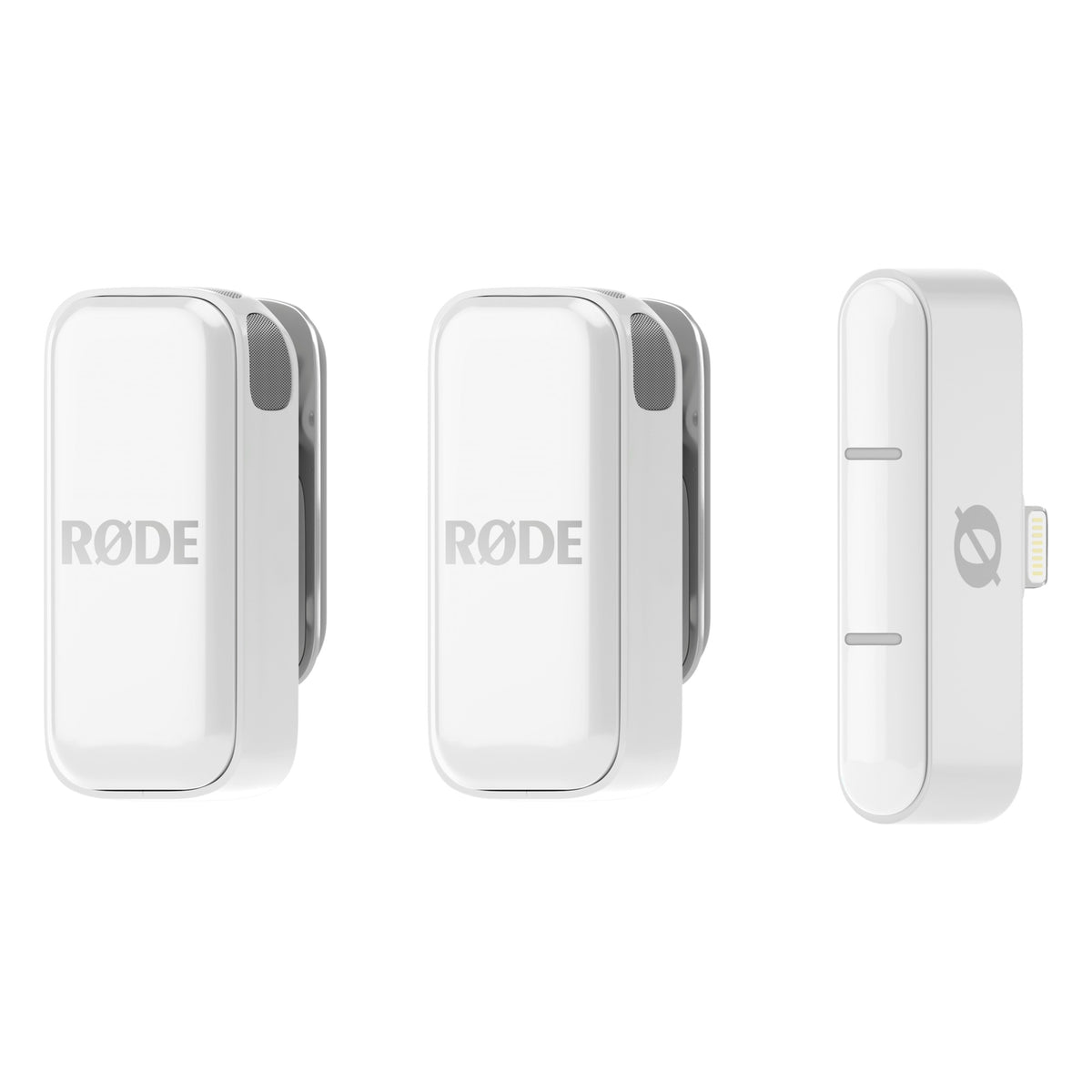 Rode Wireless Micro Lightning wireless microphone system with white transmitter and receiver for mobile audio recording.