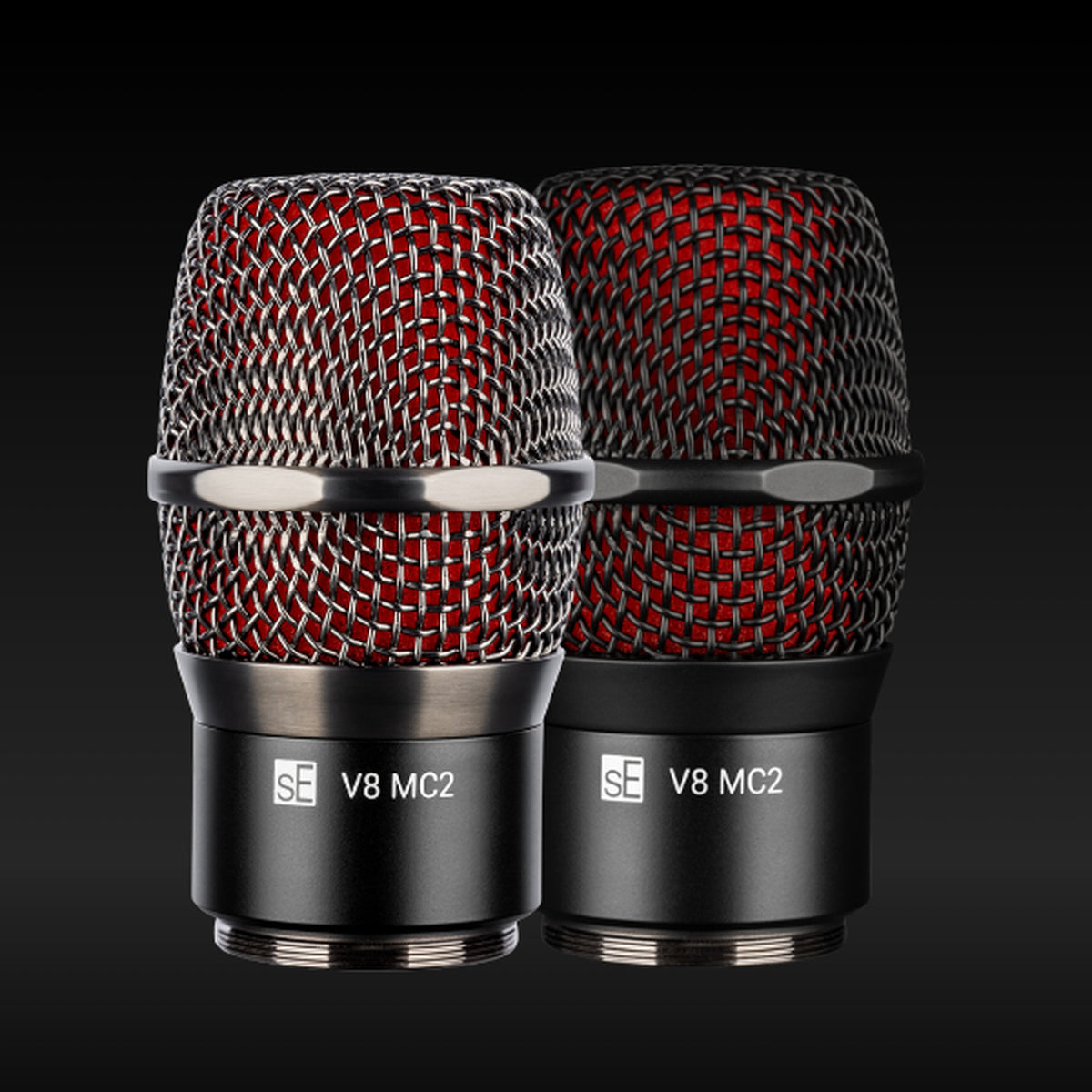 sE Electronics V8 MC2 capsules in Black and Graphite Grey on a dark background