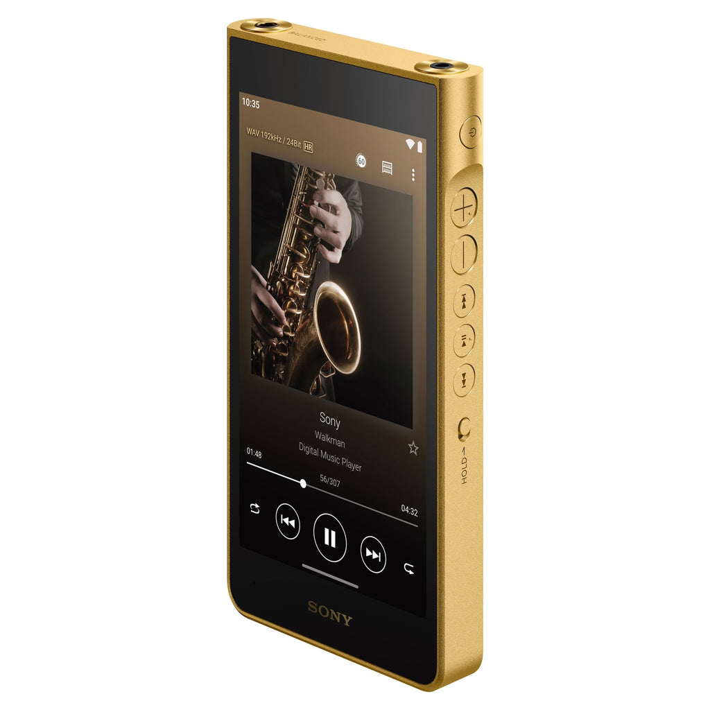 Sony NW-WM1ZM3 Walkman, angled front view with playback screen